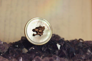 Wolf Mother. Vintage Mother of Pearl Shell Button & Brass Wolf Head Ring.