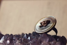 Load image into Gallery viewer, Wolf Mother. Vintage Mother of Pearl Shell Button &amp; Brass Wolf Head Ring.