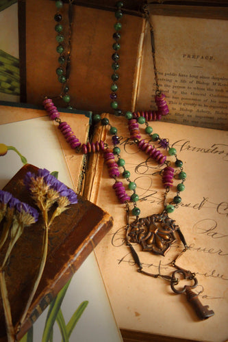 The Orchid House. Storyteller Series. Gemstone & Vintage Bone Skeleton Key Layered Necklace.