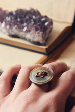 Load image into Gallery viewer, Wolf Mother. Vintage Mother of Pearl Shell Button &amp; Brass Wolf Head Ring.