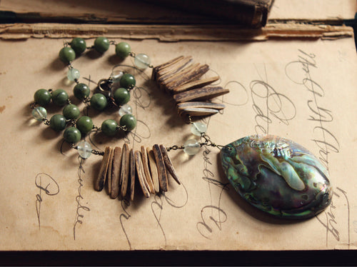 Tide Pools. Boho Abalone, Coconut Shell, Flourite & Jasper Statement Necklace.