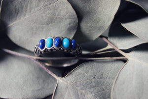 Vintage Sterling Silver Polished Turquoise and Lapis Band Ring.