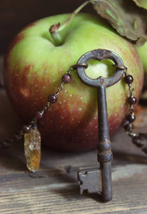 The Return to Ravenbough. Storyteller Series. Rustic Skeleton Key & Hand-beaded Gemstone Necklace.