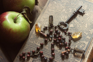 The Return to Ravenbough. Storyteller Series. Rustic Skeleton Key & Hand-beaded Gemstone Necklace.