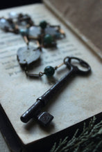 Load image into Gallery viewer, The Bindwood Stag Lodge. Storyteller Series. Skeleton Key, Antler and Gemstone Rosary Style Necklace.