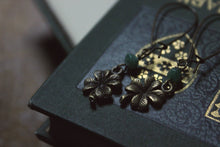 Load image into Gallery viewer, Shamrock. Antiqued Brass &amp; Aventurine Charm Earrings.