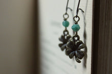 Load image into Gallery viewer, Shamrock. Antiqued Brass &amp; Aventurine Charm Earrings.