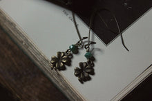 Load image into Gallery viewer, Shamrock. Antiqued Brass &amp; Aventurine Charm Earrings.