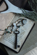 Load image into Gallery viewer, The Bindwood Stag Lodge. Storyteller Series. Skeleton Key, Antler and Gemstone Rosary Style Necklace.