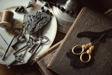 Load image into Gallery viewer, The Chatelaine of Lagonsteed Manor. Storyteller Series. Antique Buckle &amp; Skeleton Key Statement Necklace.