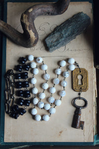 The Lighthouse Keeper. Storyteller Series. Antique Escutcheon, Skeleton Key, Wood & Agate Beaded Necklace.