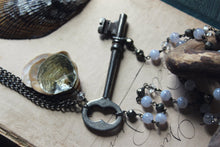 Load image into Gallery viewer, Kedge Cottage. Storyteller Series. Rustic Beach Seashell, Skeleton Key and Gemstone Necklace.
