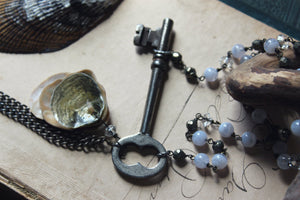 Kedge Cottage. Storyteller Series. Rustic Beach Seashell, Skeleton Key and Gemstone Necklace.