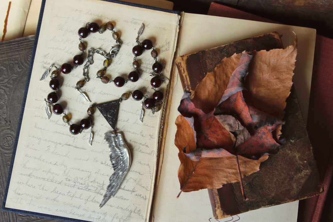 Phoenix. Rustic Antiqued Silver Wing, Czech Glass & Fossil Stone Necklace.