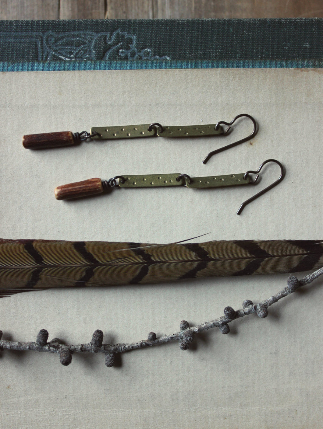 Driftwood. Rustic Branch Bead & Textured Brass Earrings.