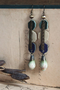 Forest Folly. Rustic Artisan Drop, Leather and Antiqued Brass Earrings.