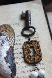 The Lighthouse Keeper. Storyteller Series. Antique Escutcheon, Skeleton Key, Wood & Agate Beaded Necklace.