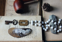 Load image into Gallery viewer, The Lighthouse Keeper. Storyteller Series. Antique Escutcheon, Skeleton Key, Wood &amp; Agate Beaded Necklace.