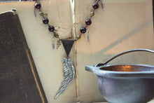 Load image into Gallery viewer, Phoenix. Rustic Antiqued Silver Wing, Czech Glass &amp; Fossil Stone Necklace.