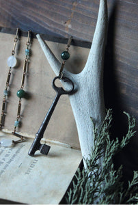 The Bindwood Stag Lodge. Storyteller Series. Skeleton Key, Antler and Gemstone Rosary Style Necklace.