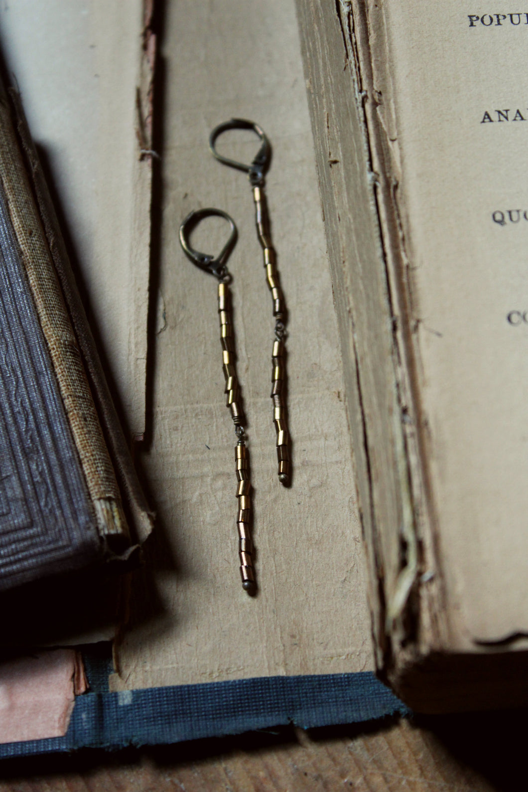 Branchlet. Rustic Metallic Copper Bronze Tube Bead Linear Earrings.