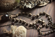 Load image into Gallery viewer, Lu&#39;s Bower Home. Storyteller Series. Antiqued Brass Branch, Garnet and Wood Bead Layered Necklace.