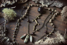 Load image into Gallery viewer, Lu&#39;s Bower Home. Storyteller Series. Antiqued Brass Branch, Garnet and Wood Bead Layered Necklace.