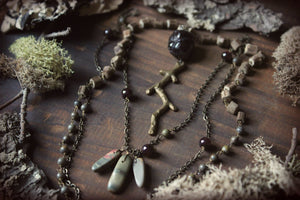 Lu's Bower Home. Storyteller Series. Antiqued Brass Branch, Garnet and Wood Bead Layered Necklace.