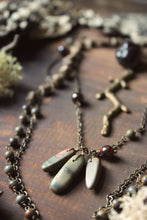 Load image into Gallery viewer, Lu&#39;s Bower Home. Storyteller Series. Antiqued Brass Branch, Garnet and Wood Bead Layered Necklace.