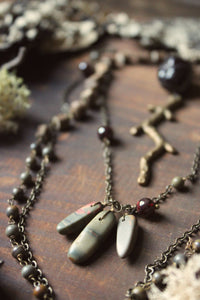 Lu's Bower Home. Storyteller Series. Antiqued Brass Branch, Garnet and Wood Bead Layered Necklace.