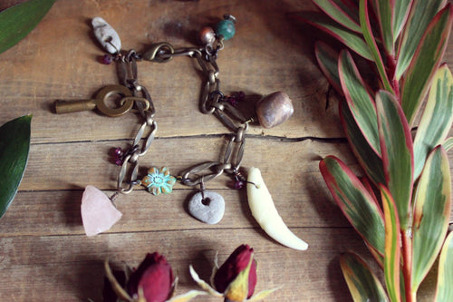 Gris Gris | Flower Moon. Storyteller Series. Rustic Nature Curio, Rose Quartz, Vintage Key Charm Bracelet.