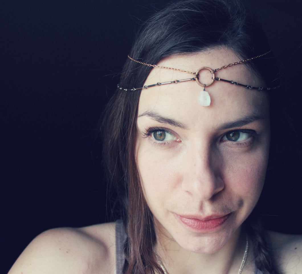 Moonglow. Moonstone and Vintage Brass Halo Headpiece.