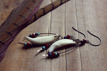 Load image into Gallery viewer, Little Wolf. Genuine Coyote Tooth &amp; Glass Bead Earrings.