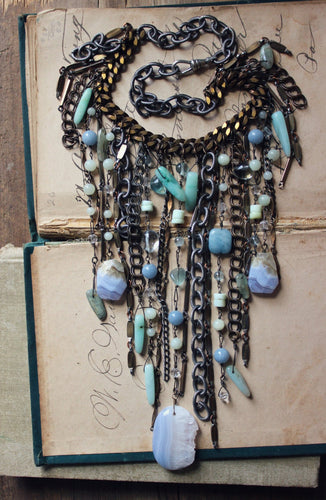 Siren. Vintage Boho Gemstone Fringe Statement Necklace.