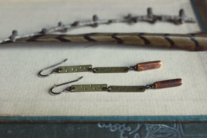 Driftwood. Rustic Branch Bead & Textured Brass Earrings.