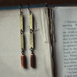 Driftwood. Rustic Branch Bead & Textured Brass Earrings.