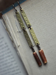 Driftwood. Rustic Branch Bead & Textured Brass Earrings.