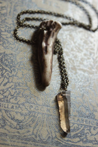 Of Forest and Labyrinth | Fireside Edition. Genuine Fallen Deer Antler and Smoky Quartz Crystal Necklace.