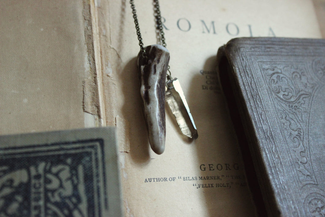 Of Forest and Labyrinth | Fireside Edition. Genuine Fallen Deer Antler and Smoky Quartz Crystal Necklace.