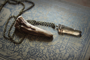 Of Forest and Labyrinth | Fireside Edition. Genuine Fallen Deer Antler and Smoky Quartz Crystal Necklace.