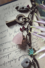 Load image into Gallery viewer, Gris Gris | Flower Moon. Storyteller Series. Rustic Nature Curio, Rose Quartz, Vintage Key Charm Bracelet.