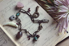 Load image into Gallery viewer, Gris Gris | Flower Moon. Storyteller Series. Rustic Nature Curio, Rose Quartz, Vintage Key Charm Bracelet.