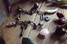 Load image into Gallery viewer, Gris Gris | Flower Moon. Storyteller Series. Rustic Nature Curio, Rose Quartz, Vintage Key Charm Bracelet.