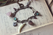 Load image into Gallery viewer, Gris Gris | Flower Moon. Storyteller Series. Rustic Nature Curio, Rose Quartz, Vintage Key Charm Bracelet.