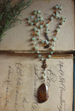 Load image into Gallery viewer, Rowan Rosary. Hand-beaded Rosary Style Vintage Brass &amp; Gemstone Necklace.