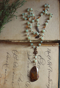 Rowan Rosary. Hand-beaded Rosary Style Vintage Brass & Gemstone Necklace.