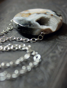 Grotto. Sterling Silver and Drusy Quartz Disc Pendant Necklace.