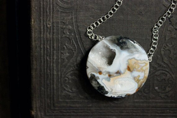 Grotto. Sterling Silver and Drusy Quartz Disc Pendant Necklace.